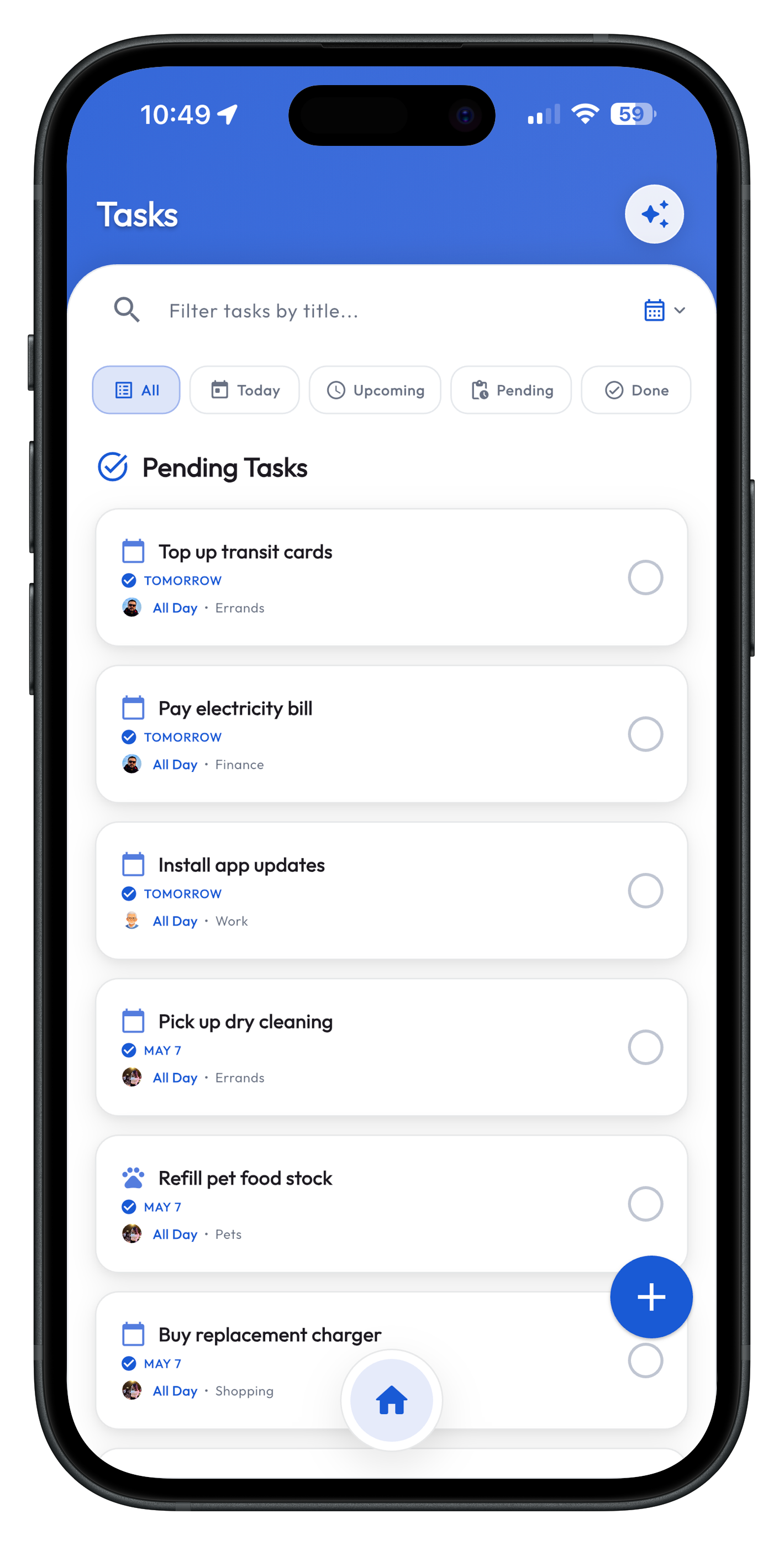Kindo tasks feature showing pending tasks and shared household planning